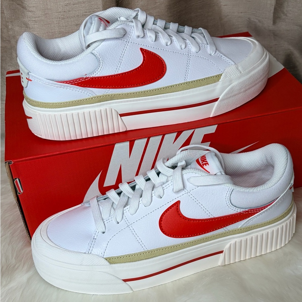 Nike Women's Court Legacy Lift White and Red Sneakers Athletic Shoes - Picture 3 of 9